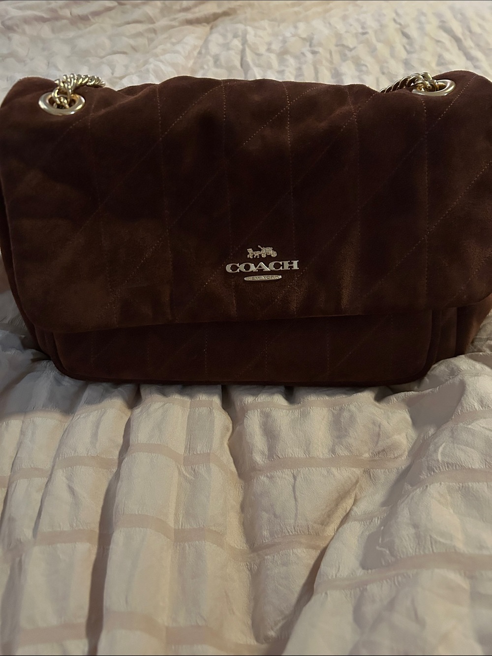 Coach Quilted Suede Shoulder Bag in Dark Brown with Gold Hardware